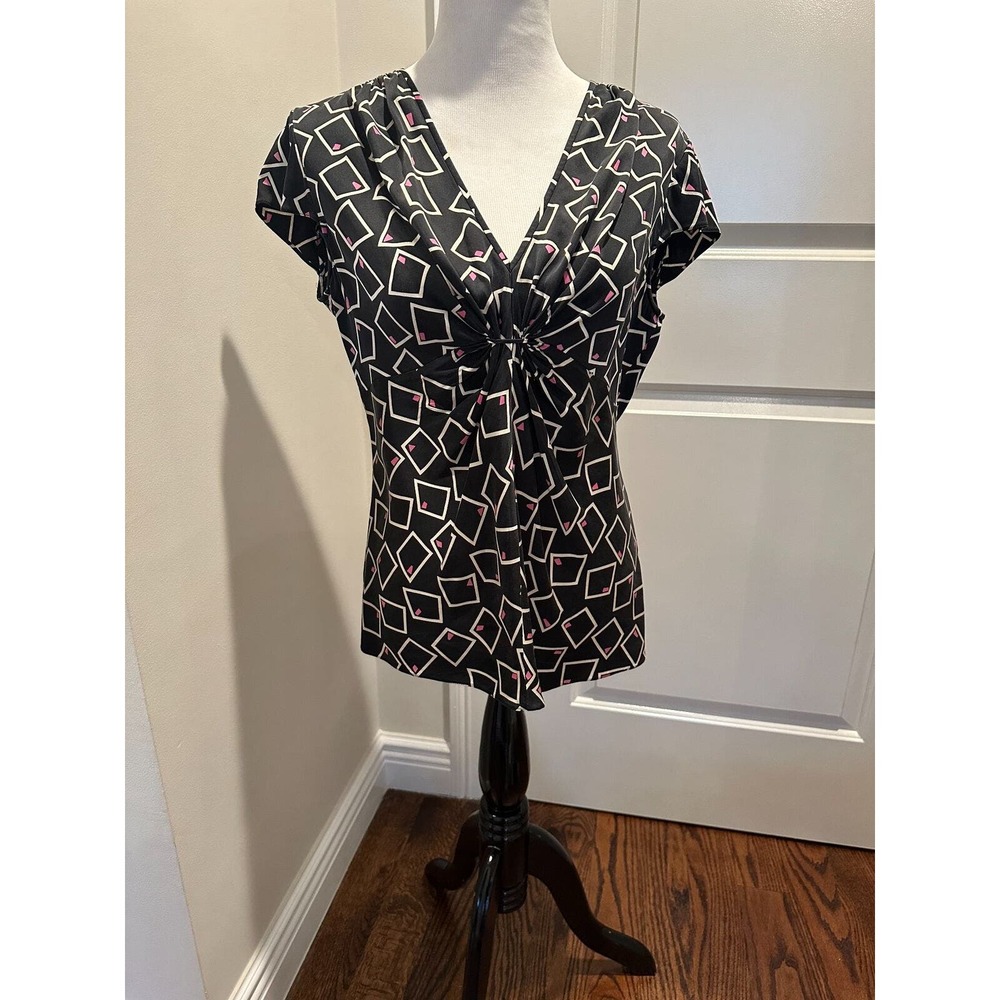 ARMANI COLLEZIONI Black Cream Geometric Print Cap Sleeve Silk Blouse SZ 12
